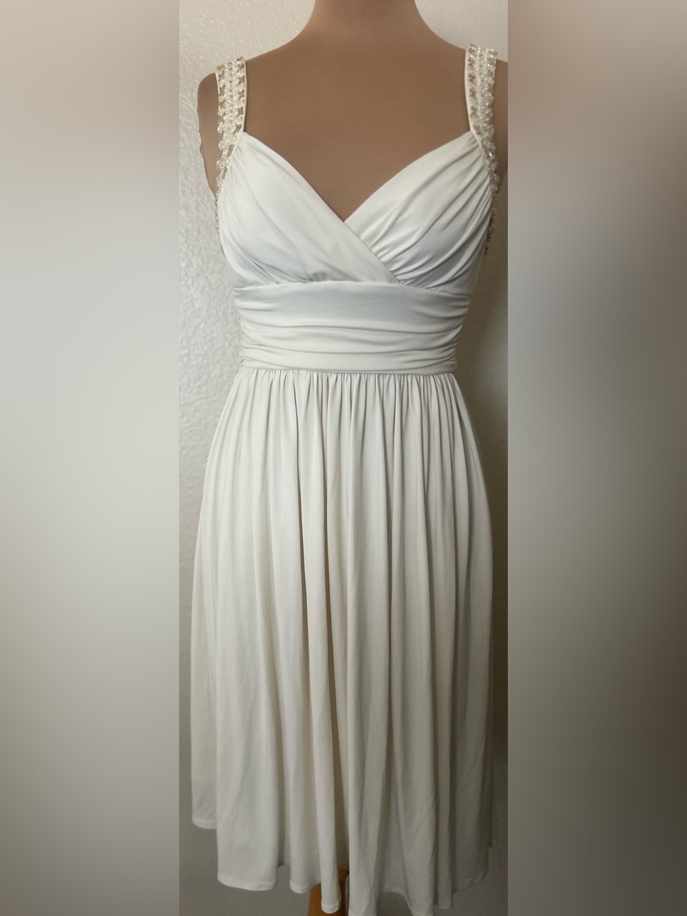 Maggy London Cream Faux-Wrap Midi Dress with Beaded Straps